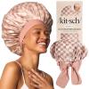 imageKitsch XL Satin Bonnet for Sleeping  Softer Than Silk Hair Bonnet for Women  Secure Fit Adjustable Night Cap for Curly ampamp Textured Hair  Prevents Breakage Tangles ampamp Thinning  AuraTerracotta Checker