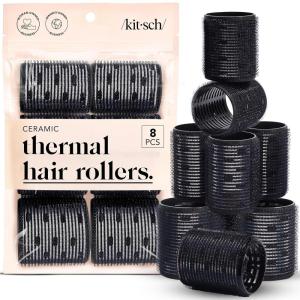 imageKitsch Ceramic Thermal Hair Rollers for Women  Self Grip Hair Curlers for Heatless Curls Overnight  Volumizing Large Rollers for Short ampamp Long Hair  For Long Lasting FrizzFree Curls  Black 8pcsBlack
