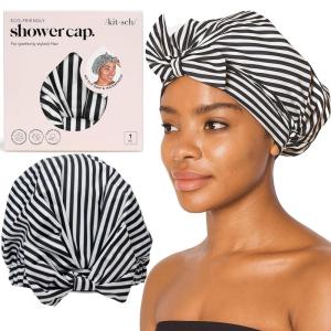 imageKitsch Luxury Shower Caps for Women Reusable Waterproof  Large Shower Cap for Women Nonslip Quickdry Hair Cap for Long and Short Hair Comfortable and Stylish Design  Blush DotStripe