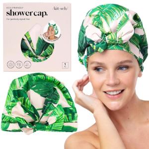 imageKitsch Luxury Shower Caps for Women Reusable Waterproof  Large Shower Cap for Women Nonslip Quickdry Hair Cap for Long and Short Hair Comfortable and Stylish Design  Blush DotPalm Leaves