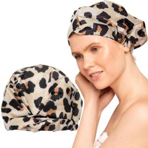 imageKitsch Luxury Shower Caps for Women Reusable Waterproof  Large Shower Cap for Women Nonslip Quickdry Hair Cap for Long and Short Hair Comfortable and Stylish Design  Blush DotLeopard