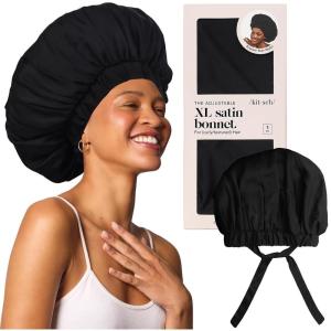 imageKitsch XL Satin Bonnet for Sleeping  Softer Than Silk Hair Bonnet for Women  Secure Fit Adjustable Night Cap for Curly ampamp Textured Hair  Prevents Breakage Tangles ampamp Thinning  AuraBlack