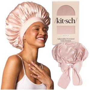 imageKitsch XL Satin Bonnet for Sleeping  Softer Than Silk Hair Bonnet for Women  Secure Fit Adjustable Night Cap for Curly ampamp Textured Hair  Prevents Breakage Tangles ampamp Thinning  AuraBlush