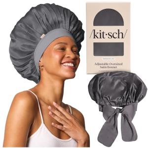 imageKitsch XL Satin Bonnet for Sleeping  Softer Than Silk Hair Bonnet for Women  Secure Fit Adjustable Night Cap for Curly ampamp Textured Hair  Prevents Breakage Tangles ampamp Thinning  AuraCharcoal