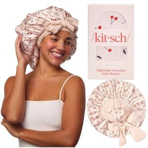 imageKitsch XL Satin Bonnet for Sleeping  Softer Than Silk Hair Bonnet for Women  Secure Fit Adjustable Night Cap for Curly ampamp Textured Hair  Prevents Breakage Tangles ampamp Thinning  AuraCherry Print