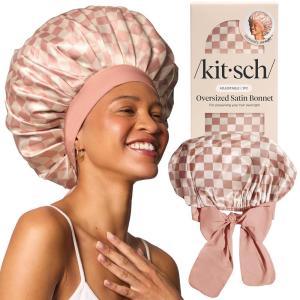 imageKitsch XL Satin Bonnet for Sleeping  Softer Than Silk Hair Bonnet for Women  Secure Fit Adjustable Night Cap for Curly ampamp Textured Hair  Prevents Breakage Tangles ampamp Thinning  AuraTerracotta Checker