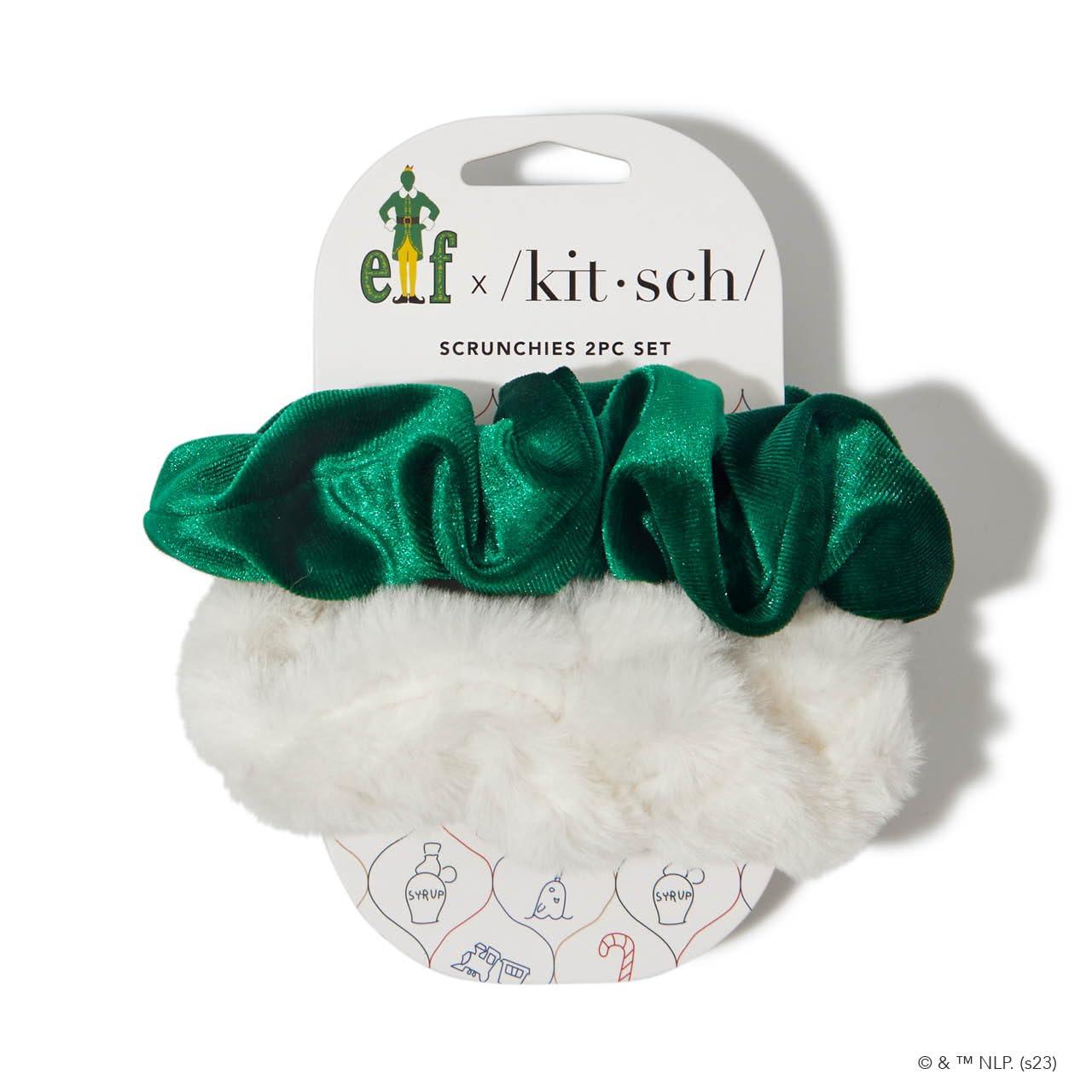 imageElf x Kitsch Scrunchies  No Crease Hair Ties for Girls Scrunchies for Women  2pcs Green Velvet ampamp White Faux Fur