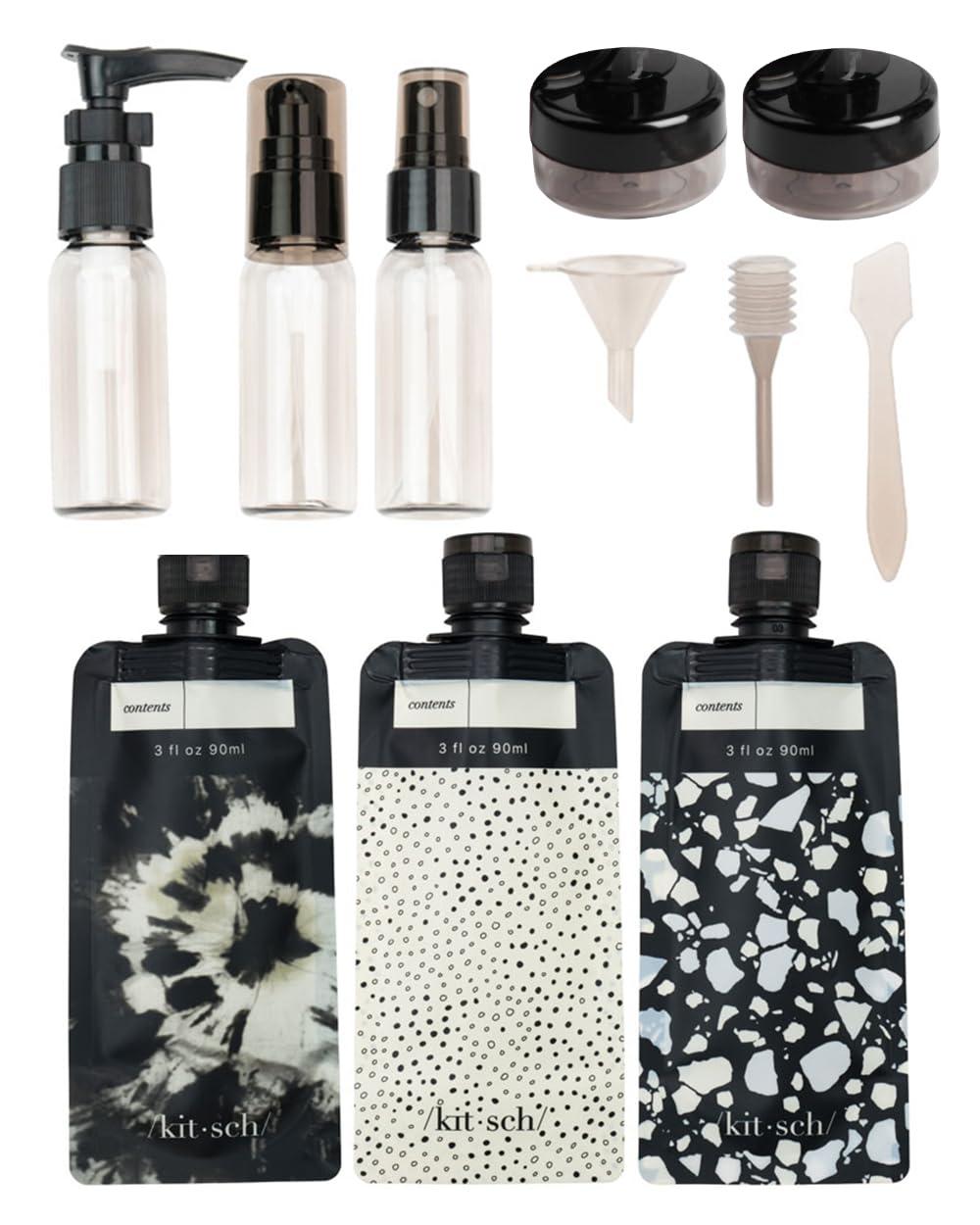 imageKitsch 11 PCS Travel Bottles for Toiletries  Travel Essentials Kit for Shampoo Conditioner Lotion ampamp More  TSA Approved Travel Bottles LeakProof Refillable Travel Size Containers  Black ampamp IvoryBlack Tie Dye