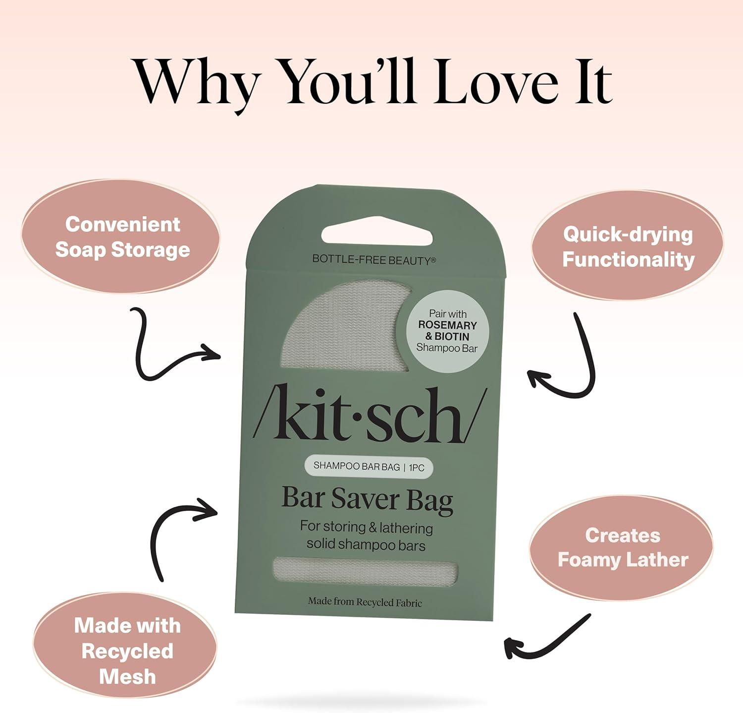 imageKitsch Bar Soap Saver Bag  Patented Mesh Bag Soap Holder for Castor Oil Shampoo Bar with Tag Identifier  Extends Use ampamp Prevents Soggy Mess  Recycled Mesh Beauty Pouch EcoFriendlyRosemary  Biotin Shampoo Bar Bag
