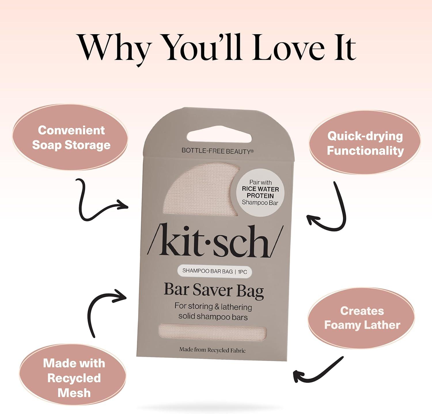 imageKitsch Bar Soap Saver Bag  Patented Mesh Bag Soap Holder for Castor Oil Shampoo Bar with Tag Identifier  Extends Use ampamp Prevents Soggy Mess  Recycled Mesh Beauty Pouch EcoFriendlyRice Water Protein Shampoo Bar Bag