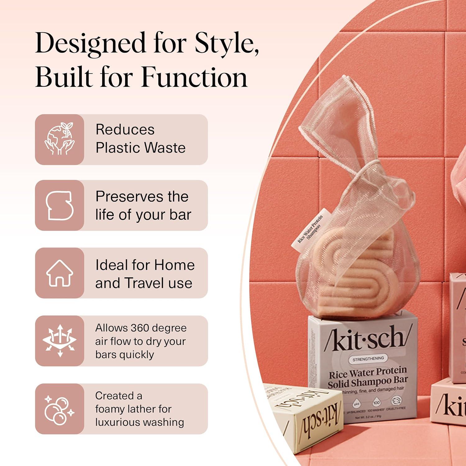 imageKitsch Bar Soap Saver Bag  Patented Mesh Bag Soap Holder for Castor Oil Shampoo Bar with Tag Identifier  Extends Use ampamp Prevents Soggy Mess  Recycled Mesh Beauty Pouch EcoFriendlyRice Water Protein Shampoo Bar Bag