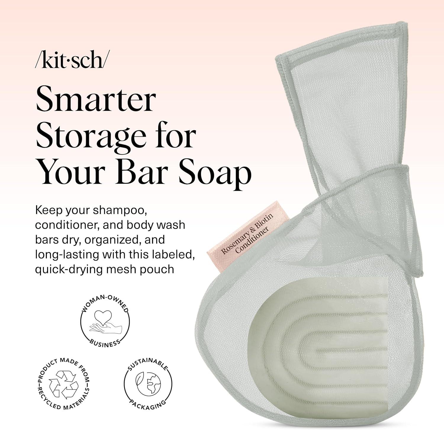 imageKitsch Bar Soap Saver Bag  Patented Mesh Bag Soap Holder for Castor Oil Shampoo Bar with Tag Identifier  Extends Use ampamp Prevents Soggy Mess  Recycled Mesh Beauty Pouch EcoFriendlyRosemary  Biotin Conditioner Bar Bag
