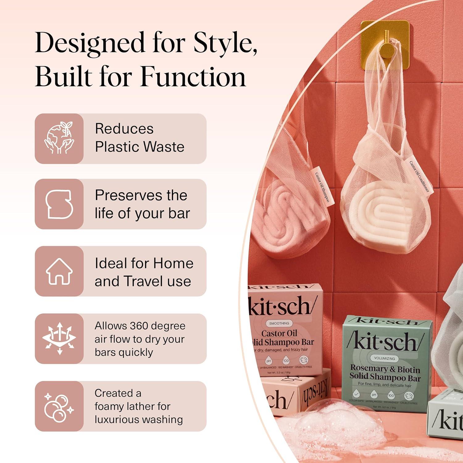 imageKitsch Bar Soap Saver Bag  Patented Mesh Bag Soap Holder for Castor Oil Shampoo Bar with Tag Identifier  Extends Use ampamp Prevents Soggy Mess  Recycled Mesh Beauty Pouch EcoFriendlyCastor Oil Conditioner Bar Bag