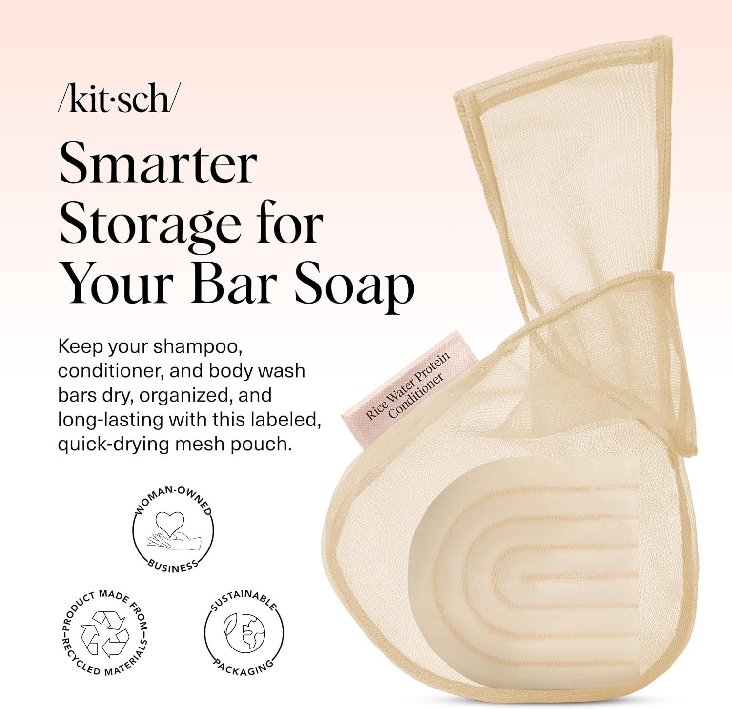 imageKitsch Bar Soap Saver Bag  Patented Mesh Bag Soap Holder for Castor Oil Shampoo Bar with Tag Identifier  Extends Use ampamp Prevents Soggy Mess  Recycled Mesh Beauty Pouch EcoFriendlyRice Water Protein Conditioner Bar Bag