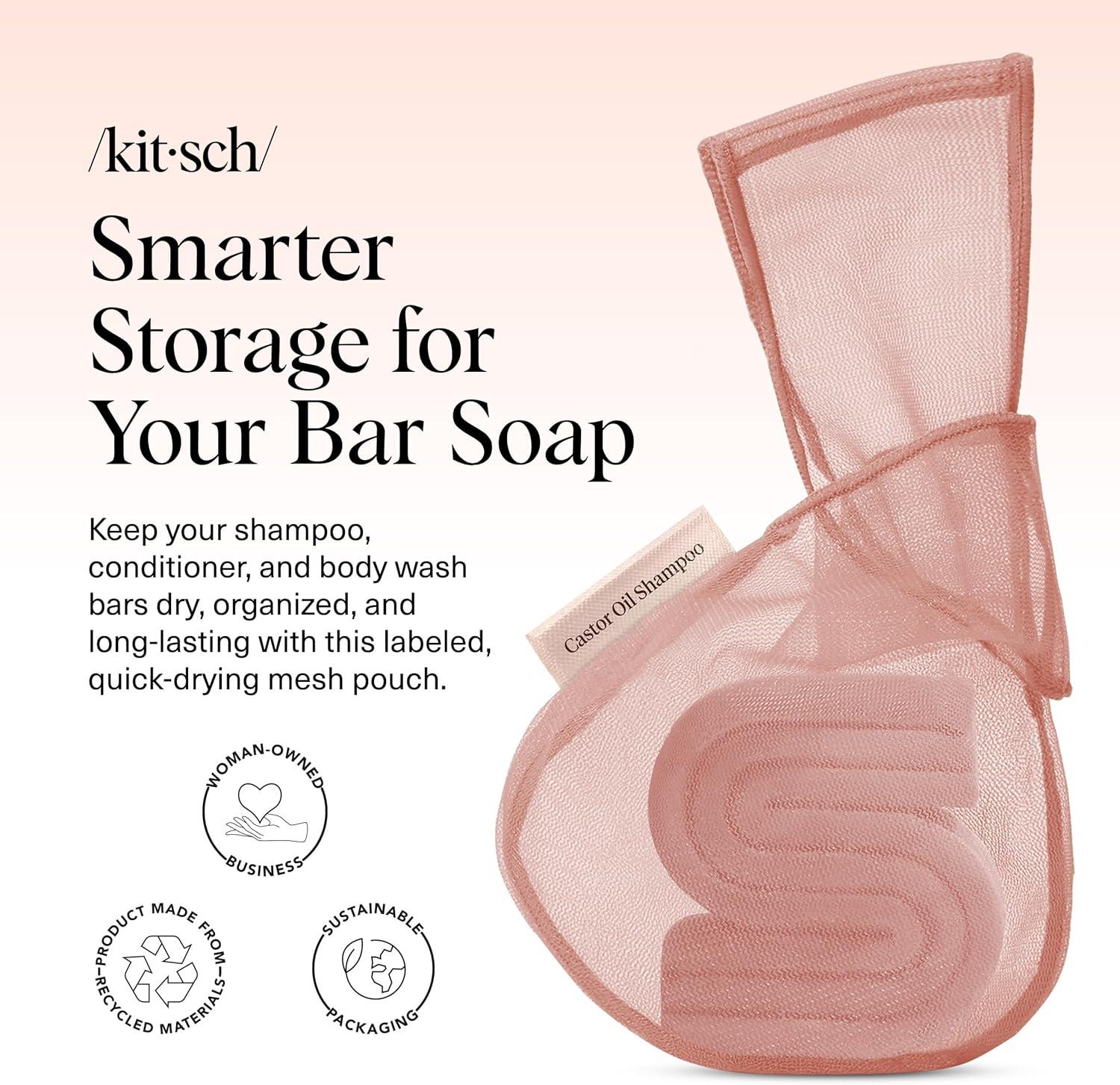 imageKitsch Bar Soap Saver Bag  Patented Mesh Bag Soap Holder for Castor Oil Shampoo Bar with Tag Identifier  Extends Use ampamp Prevents Soggy Mess  Recycled Mesh Beauty Pouch EcoFriendlyCastor Oil Shampoo Bar Bag