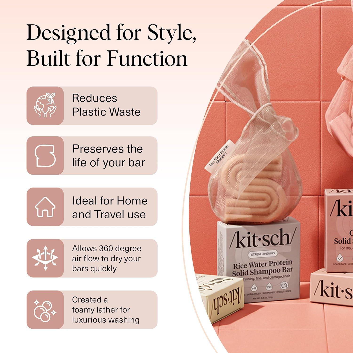 imageKitsch Bar Soap Saver Bag  Patented Mesh Bag Soap Holder for Castor Oil Shampoo Bar with Tag Identifier  Extends Use ampamp Prevents Soggy Mess  Recycled Mesh Beauty Pouch EcoFriendlyRice Water Protein Conditioner Bar Bag