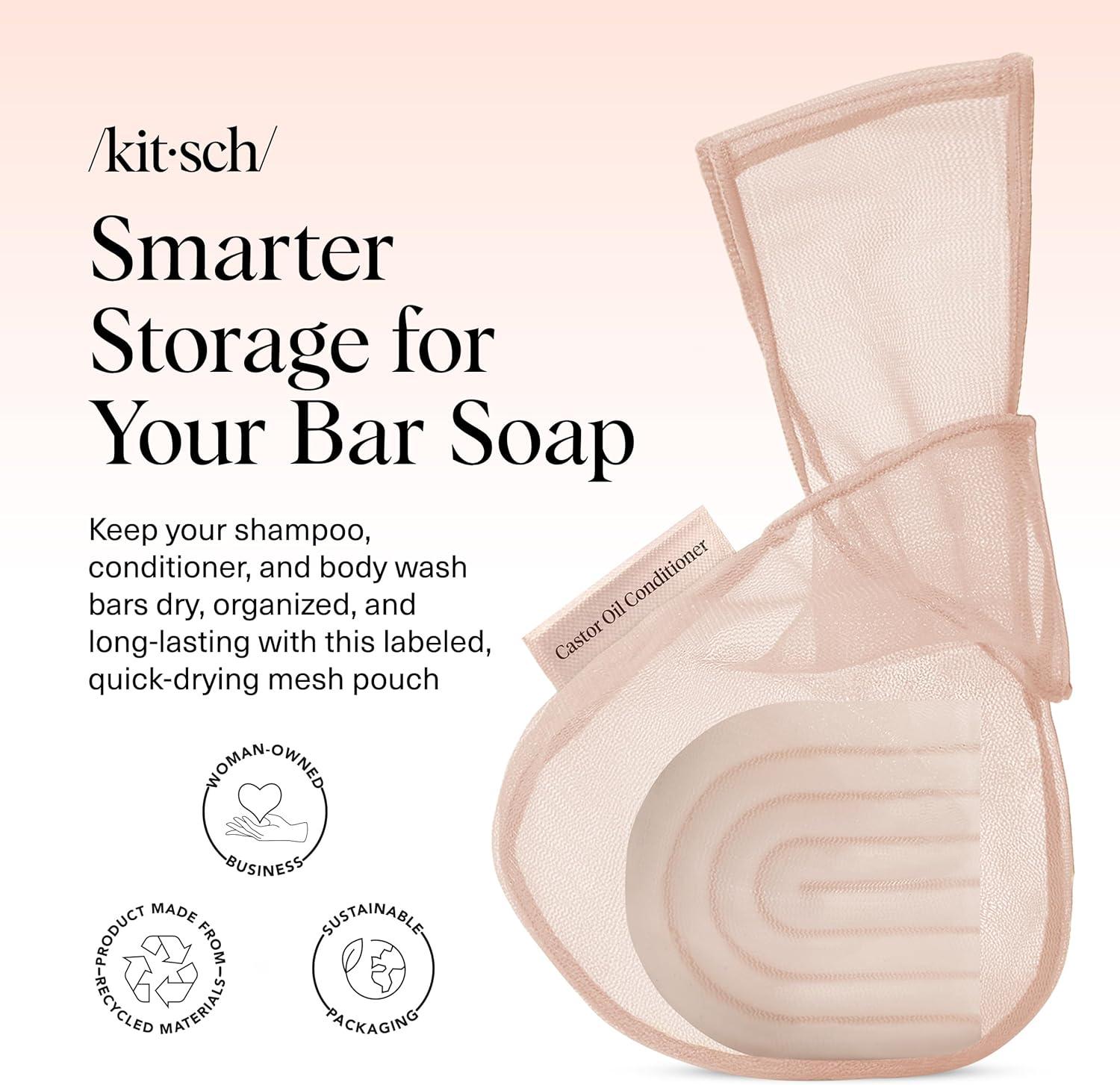 imageKitsch Bar Soap Saver Bag  Patented Mesh Bag Soap Holder for Castor Oil Shampoo Bar with Tag Identifier  Extends Use ampamp Prevents Soggy Mess  Recycled Mesh Beauty Pouch EcoFriendlyCastor Oil Conditioner Bar Bag