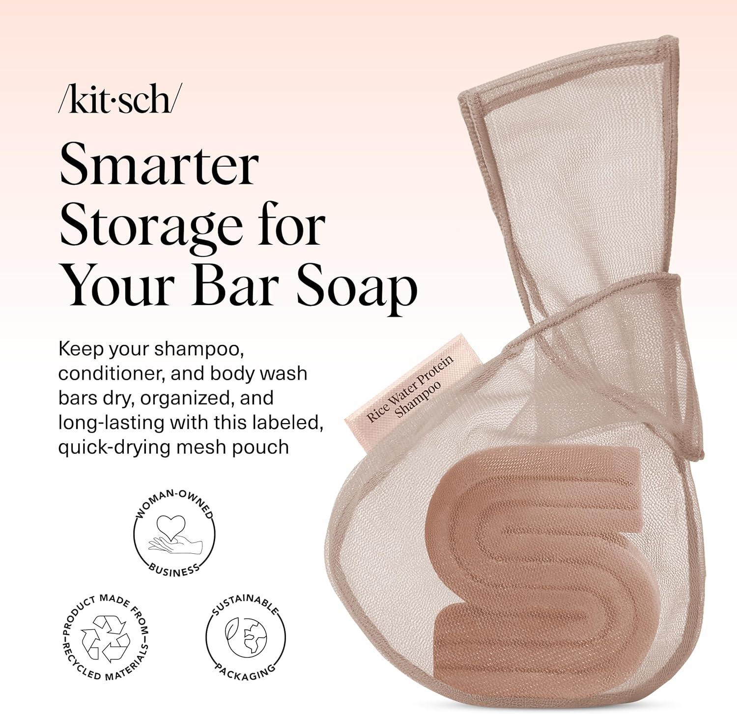imageKitsch Bar Soap Saver Bag  Patented Mesh Bag Soap Holder for Castor Oil Shampoo Bar with Tag Identifier  Extends Use ampamp Prevents Soggy Mess  Recycled Mesh Beauty Pouch EcoFriendlyRice Water Protein Shampoo Bar Bag