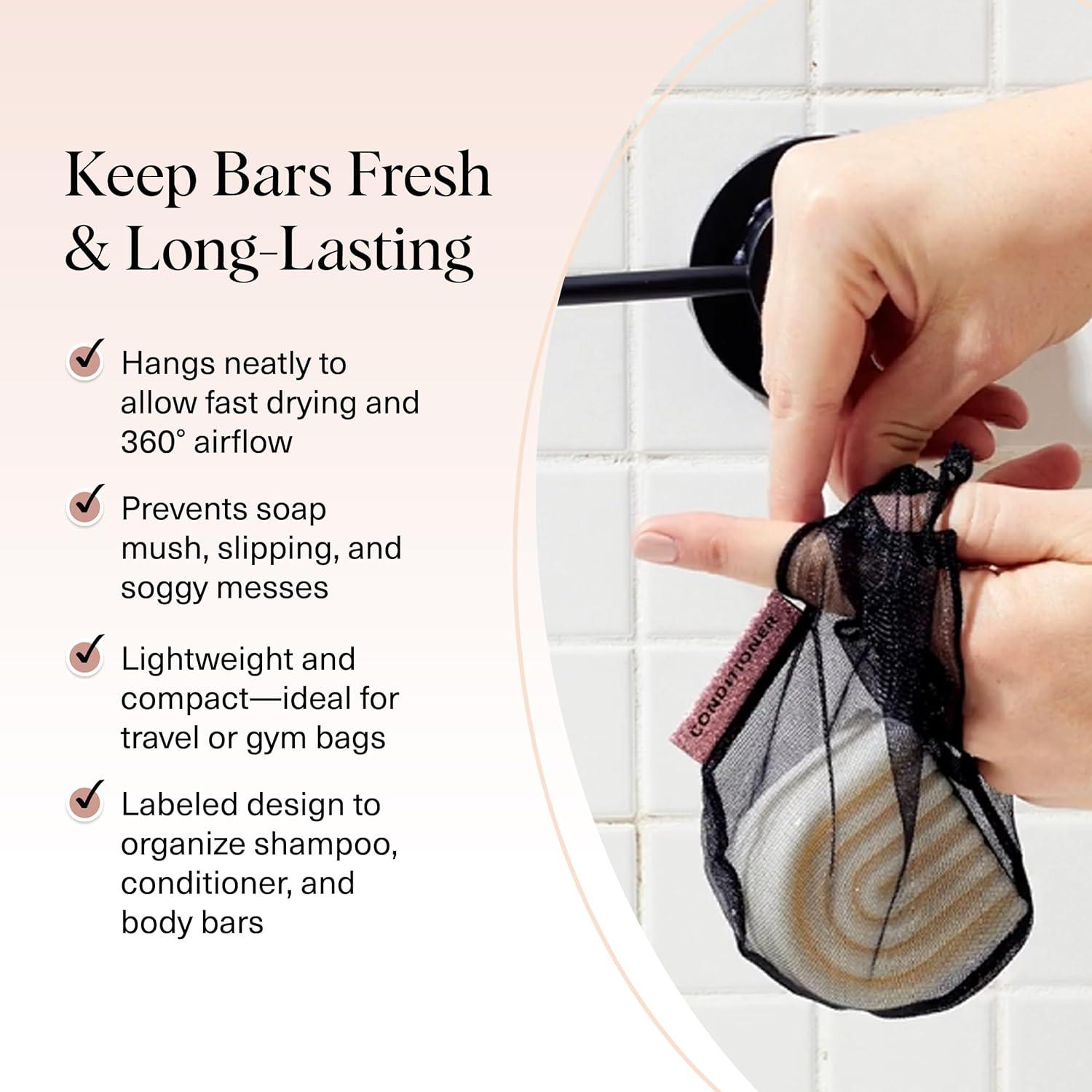 imageKitsch Bar Soap Saver Bag  Patented Mesh Bag Soap Holder for Shampoo and Conditioner Bars  Extends Use ampamp Prevents Soggy Mess  Recycled Mesh Beauty Pouch EcoFriendly  BlackBlack