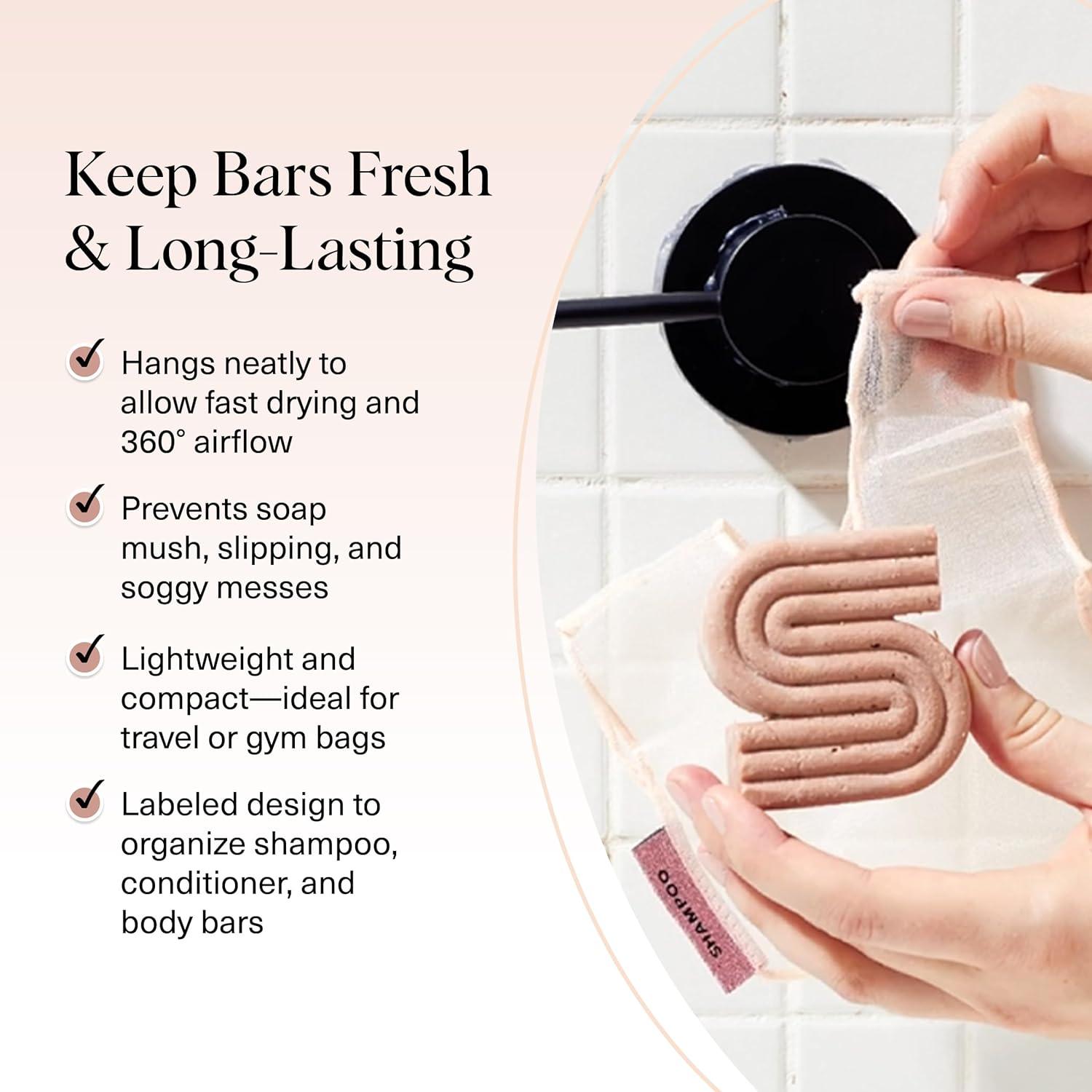 imageKitsch Bar Soap Saver Bag  Patented Mesh Bag Soap Holder for Shampoo and Conditioner Bars  Extends Use ampamp Prevents Soggy Mess  Recycled Mesh Beauty Pouch EcoFriendly  BlackBlush  Terracotta