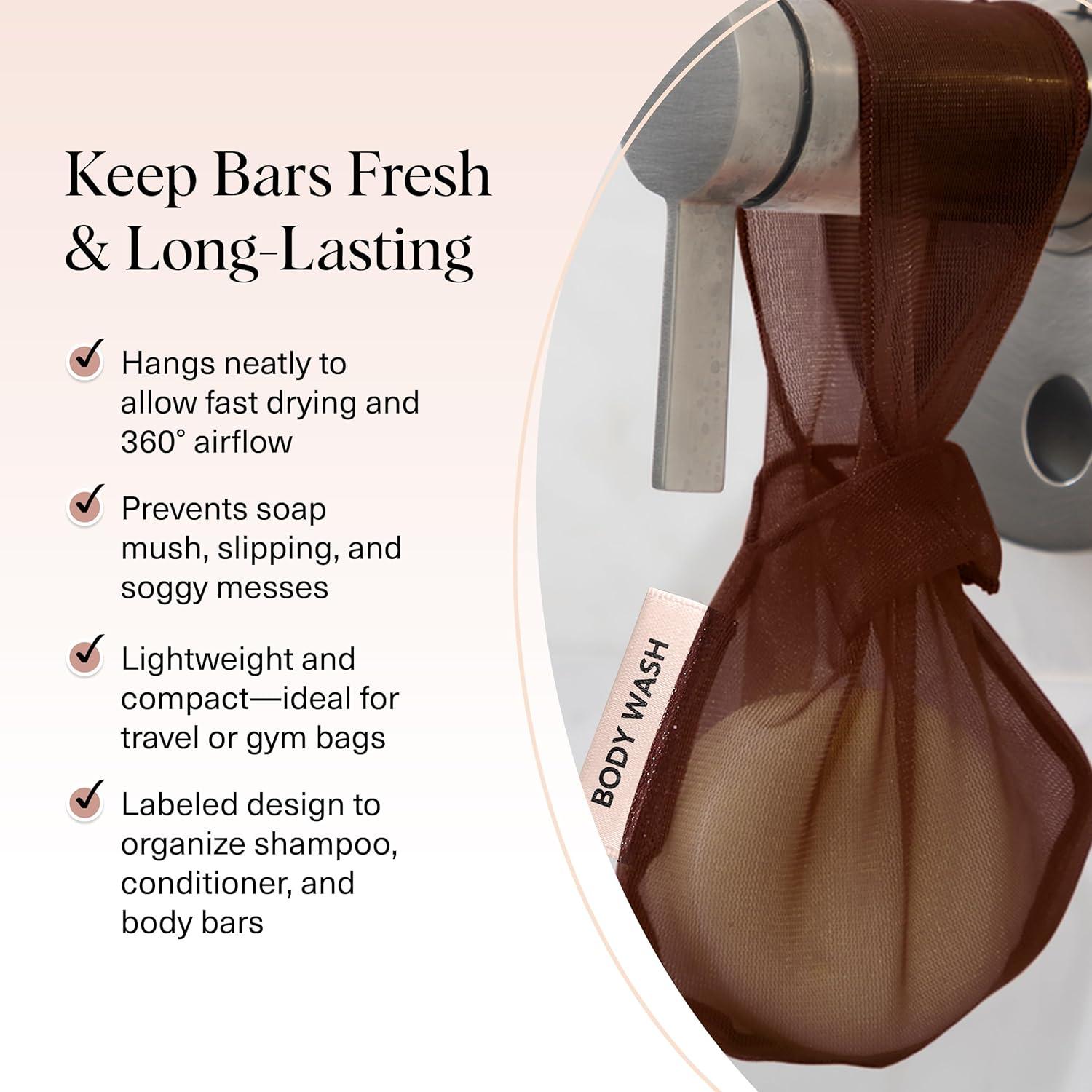 imageKitsch Bar Soap Saver Bag  Patented Mesh Bag Soap Holder for Shampoo and Conditioner Bars  Extends Use ampamp Prevents Soggy Mess  Recycled Mesh Beauty Pouch EcoFriendly  BlackChocolate