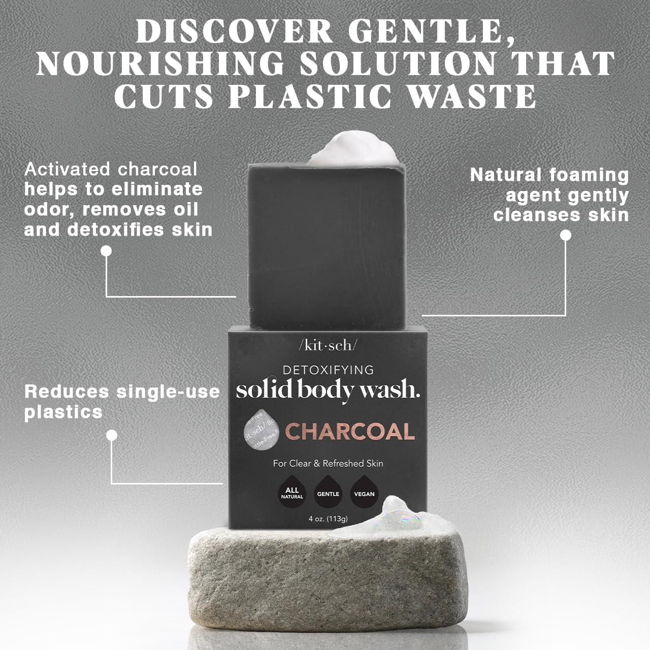 imageKitsch Charcoal Soap Body Wash Bar  Detoxifying Bar Soap with Activated Charcoal  Gently Removes Excess Oil ampamp Impurities Clears Pores Firms ampamp Moisturizes Skin  Made in USA  4 oz