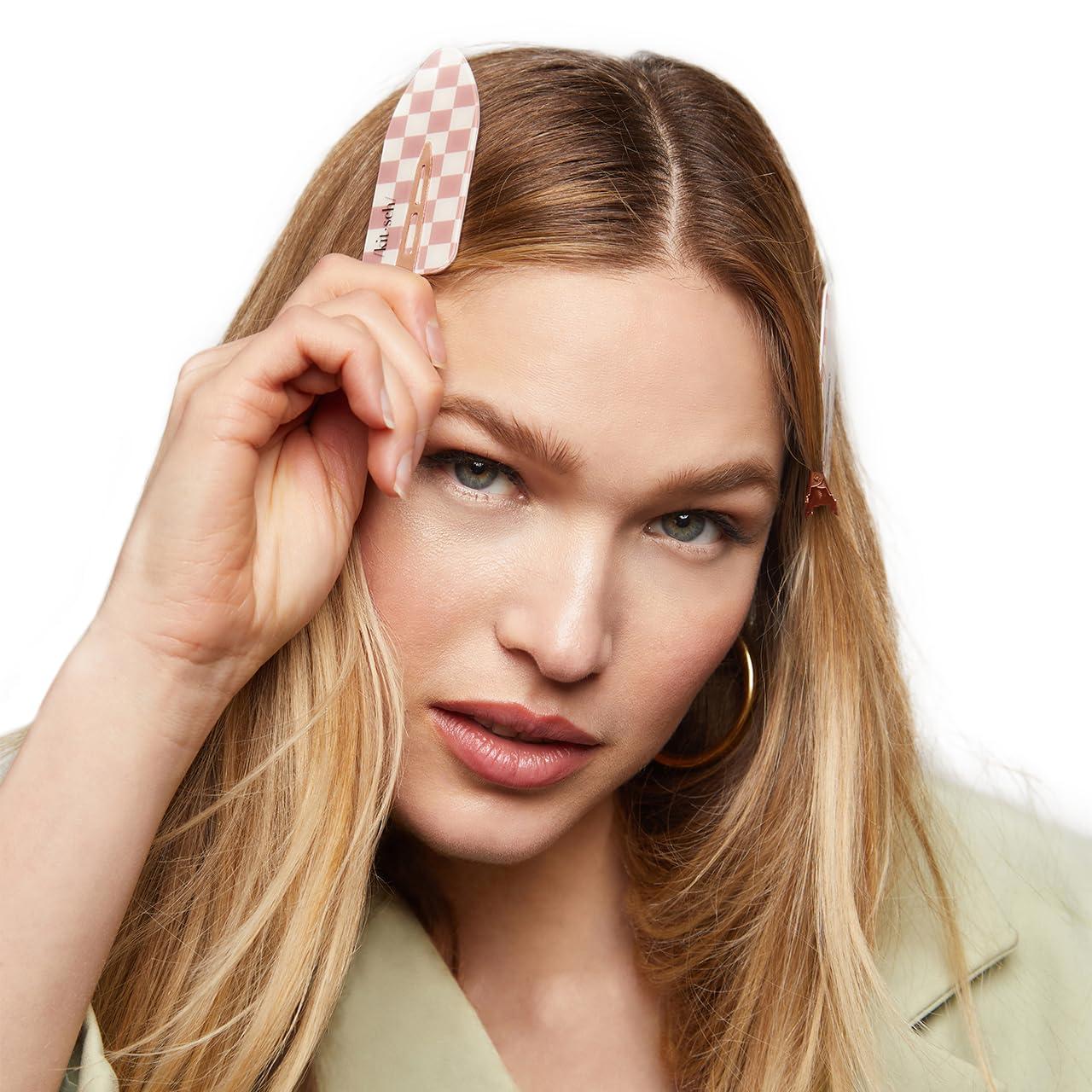 imageKitsch Creaseless Hair Clips for Women No Bend No Crease Styling Clip Elegant Makeup Hair Clips Hairstyling  Gift of Glam 2pcsTerracotta Checkered