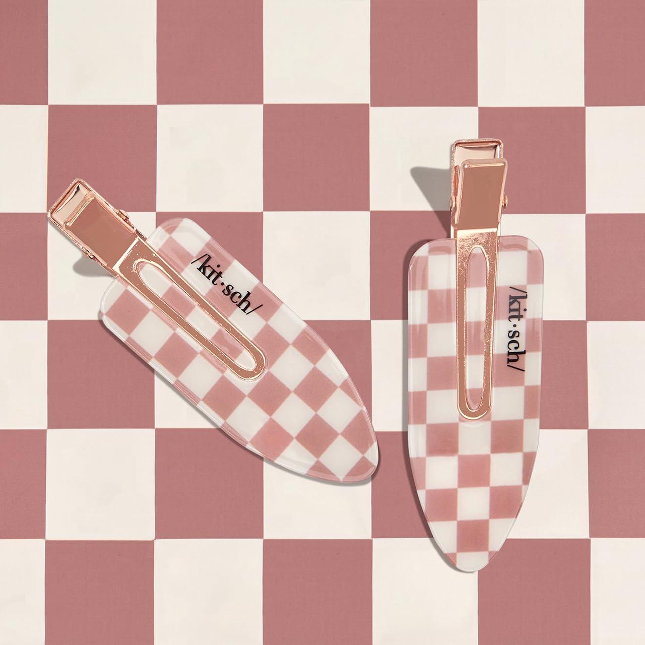 imageKitsch Creaseless Hair Clips for Women No Bend No Crease Styling Clip Elegant Makeup Hair Clips Hairstyling  Gift of Glam 2pcsTerracotta Checkered