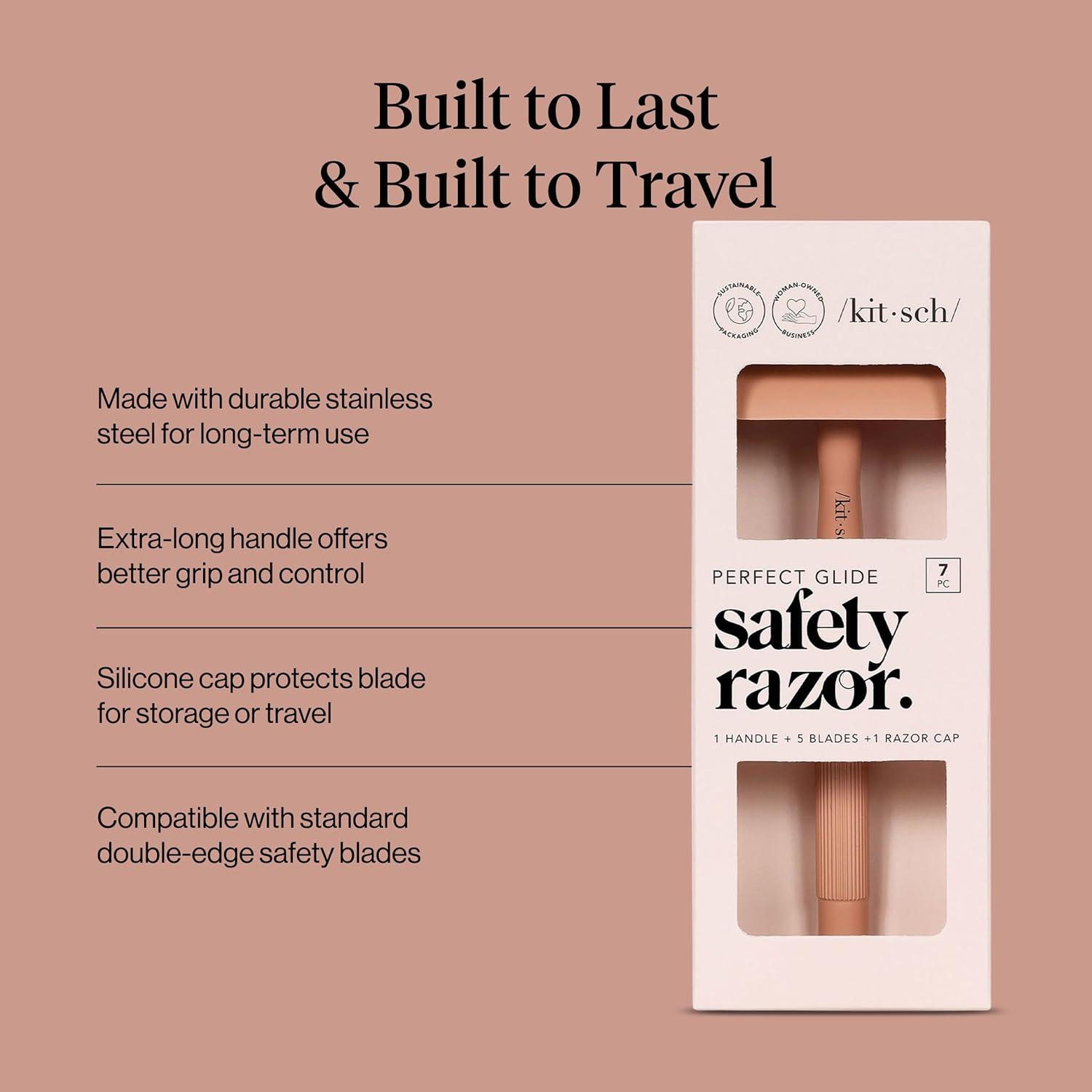 imageKitsch Double Edge Safety Razors for Women and Men Long Metal Handle and Stainless Steel Single Blade Razor with 5 Double Edge Refills for Shaving and Travel Essentials  Terracotta