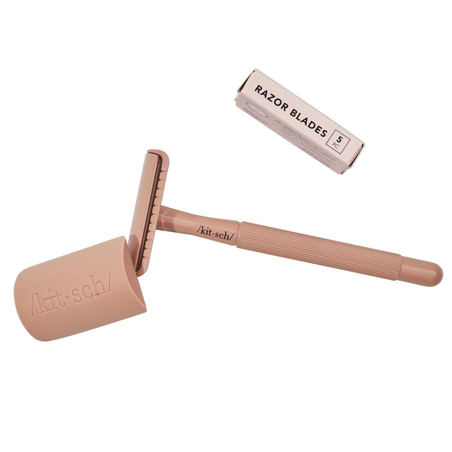 imageKitsch Double Edge Safety Razors for Women and Men Long Metal Handle and Stainless Steel Single Blade Razor with 5 Double Edge Refills for Shaving and Travel Essentials  Terracotta