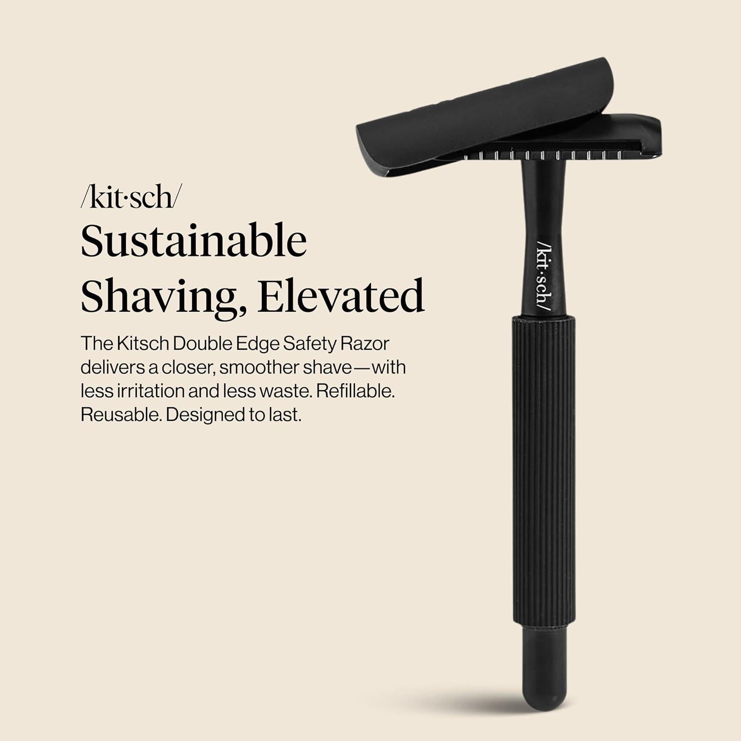 imageKitsch Double Edge Safety Razors for Women and Men with 5 Blade Refills Extra Long Handle ampamp Silicone Cap Reusable Single Blade Razor for Shaving and Travel Essentials  BlackBlack Double Edge Safety Razor
