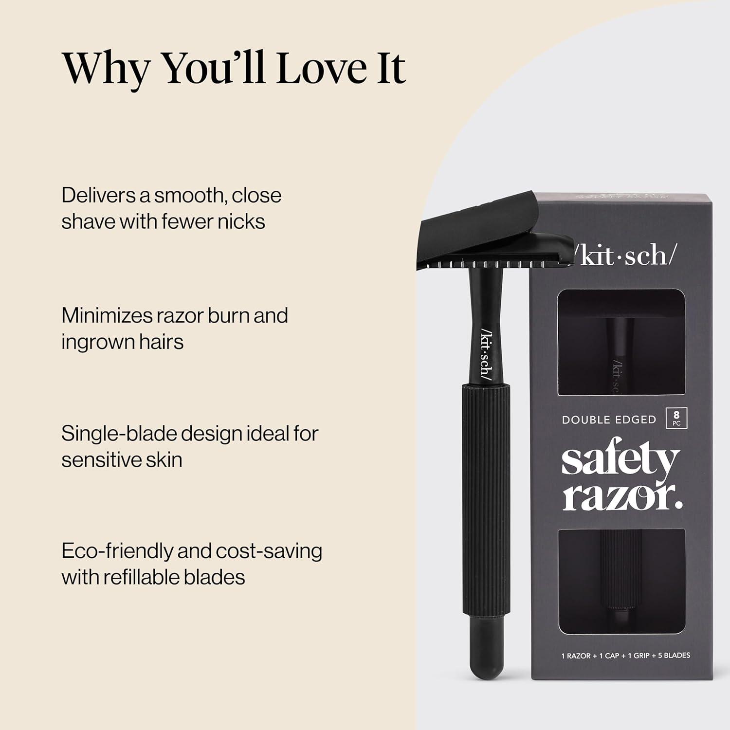 imageKitsch Double Edge Safety Razors for Women and Men with 5 Blade Refills Extra Long Handle ampamp Silicone Cap Reusable Single Blade Razor for Shaving and Travel Essentials  BlackBlack Double Edge Safety Razor
