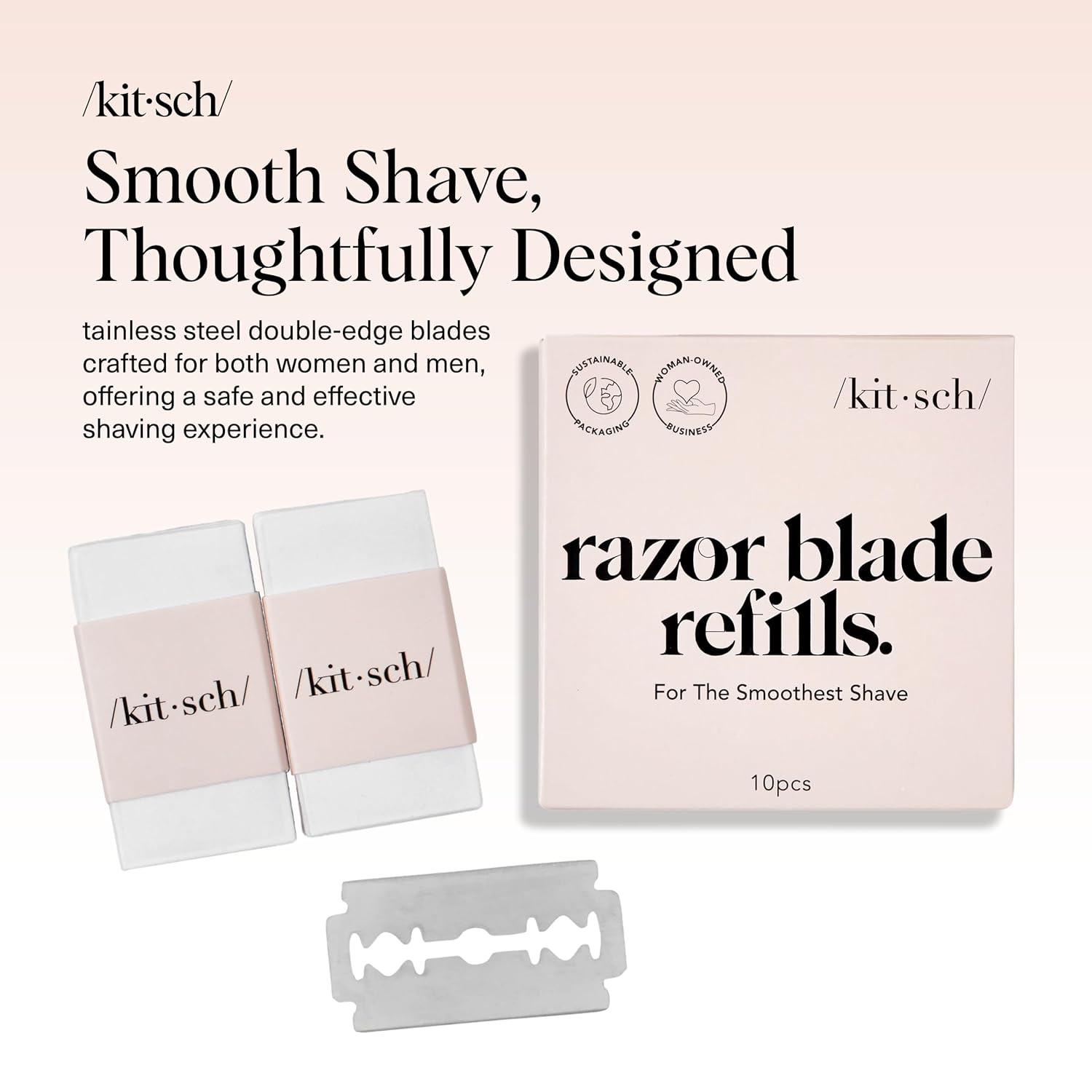 imageKitsch Double Edge Safety Razors for Women and Men with 5 Blade Refills Extra Long Handle ampamp Silicone Cap Reusable Single Blade Razor for Shaving and Travel Essentials  BlackDouble Edge Razor Blades Refills