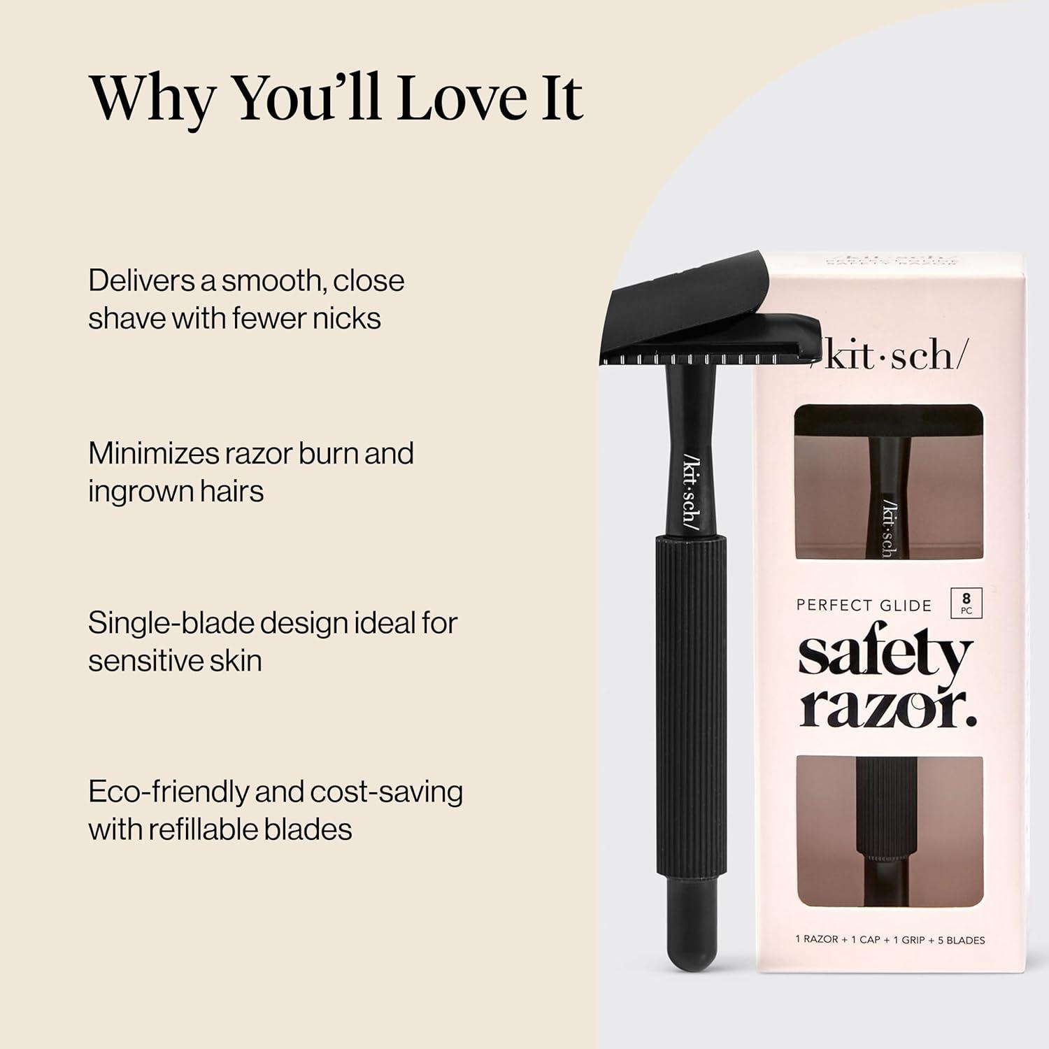 imageKitsch Double Edge Safety Razors for Women and Men with 5 Blade Refills Extra Long Handle ampamp Silicone Cap Reusable Single Blade Razor for Shaving and Travel Essentials  BlackBlack Double Edge Safety Razor for Women  Men