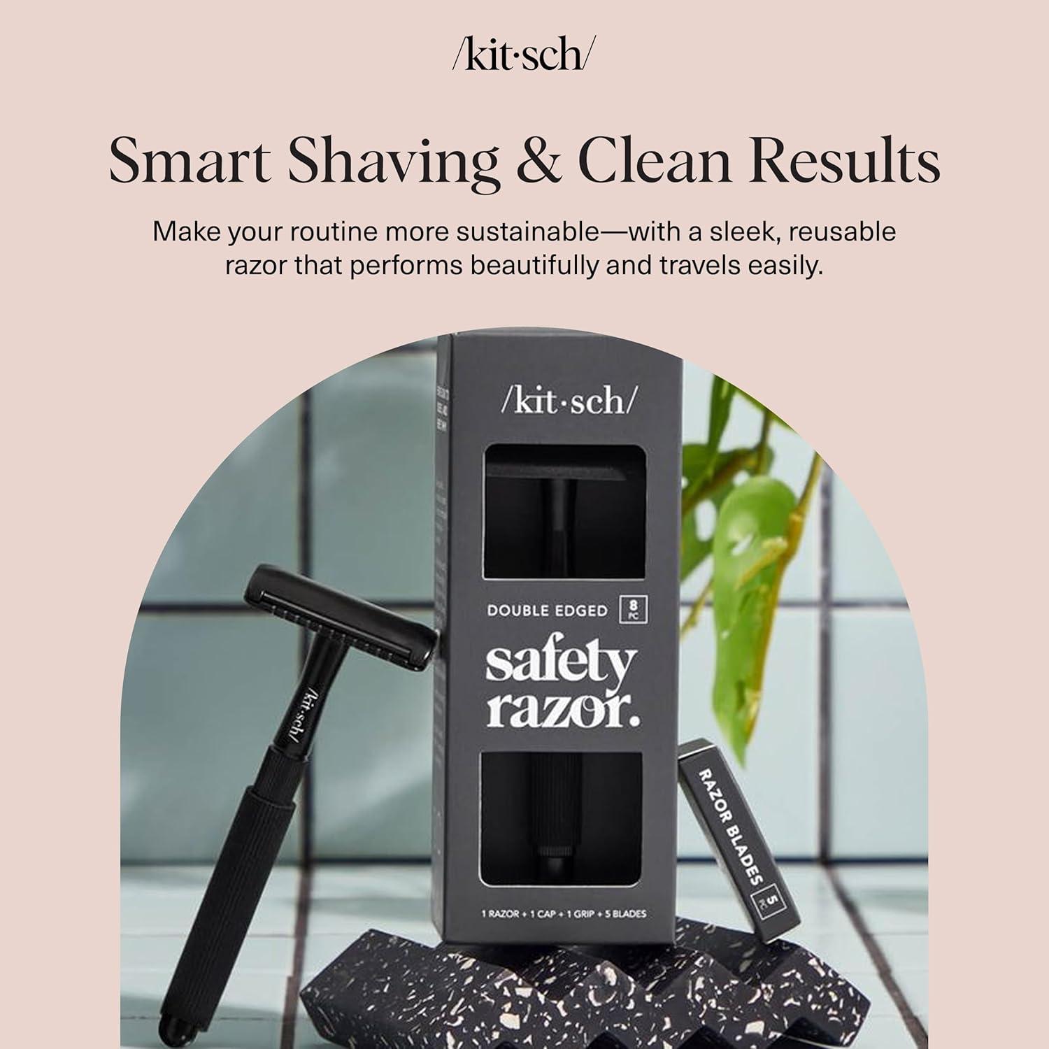 imageKitsch Double Edge Safety Razors for Women and Men with 5 Blade Refills Extra Long Handle ampamp Silicone Cap Reusable Single Blade Razor for Shaving and Travel Essentials  BlackBlack Double Edge Safety Razor
