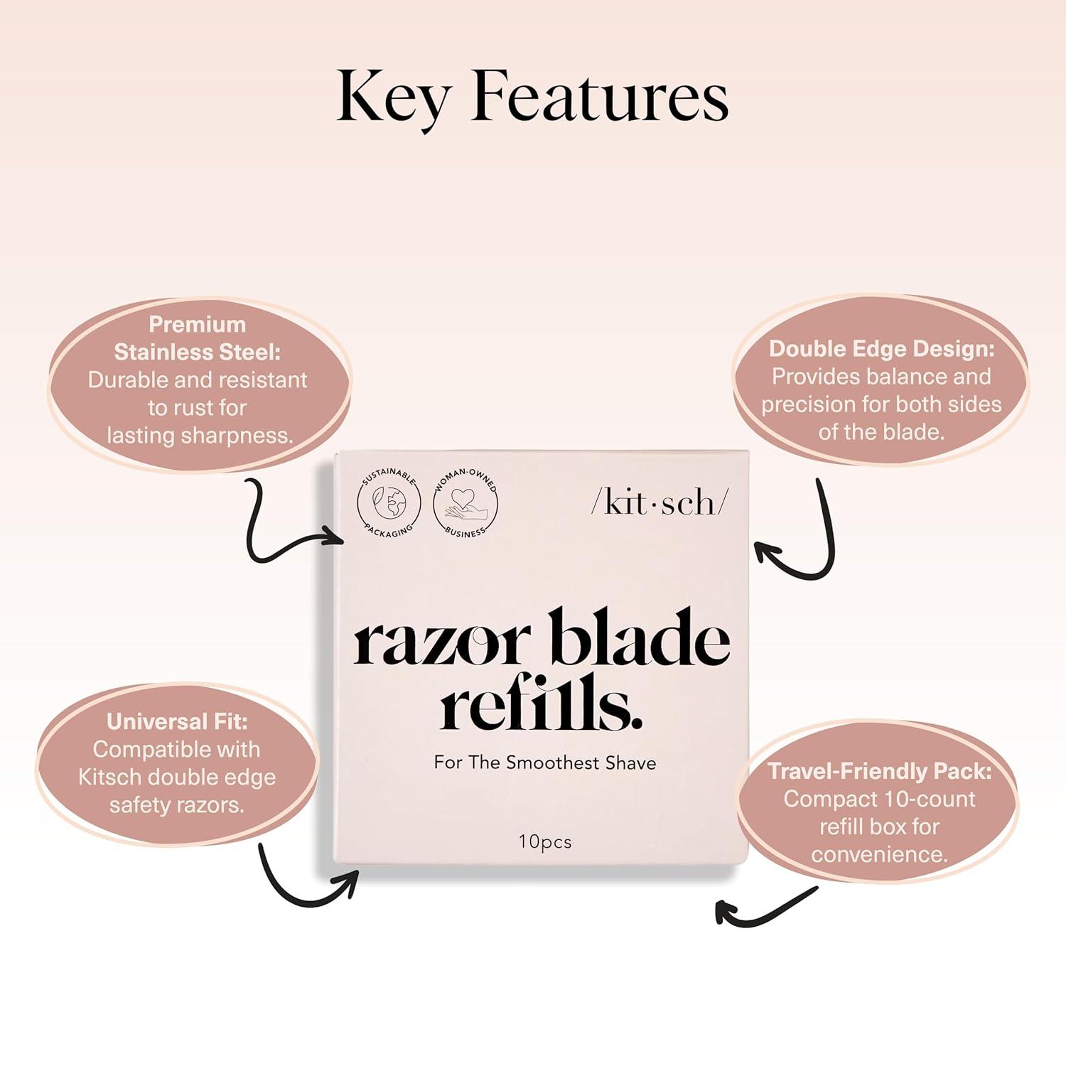imageKitsch Double Edge Safety Razors for Women and Men with 5 Blade Refills Extra Long Handle ampamp Silicone Cap Reusable Single Blade Razor for Shaving and Travel Essentials  BlackDouble Edge Razor Blades Refills