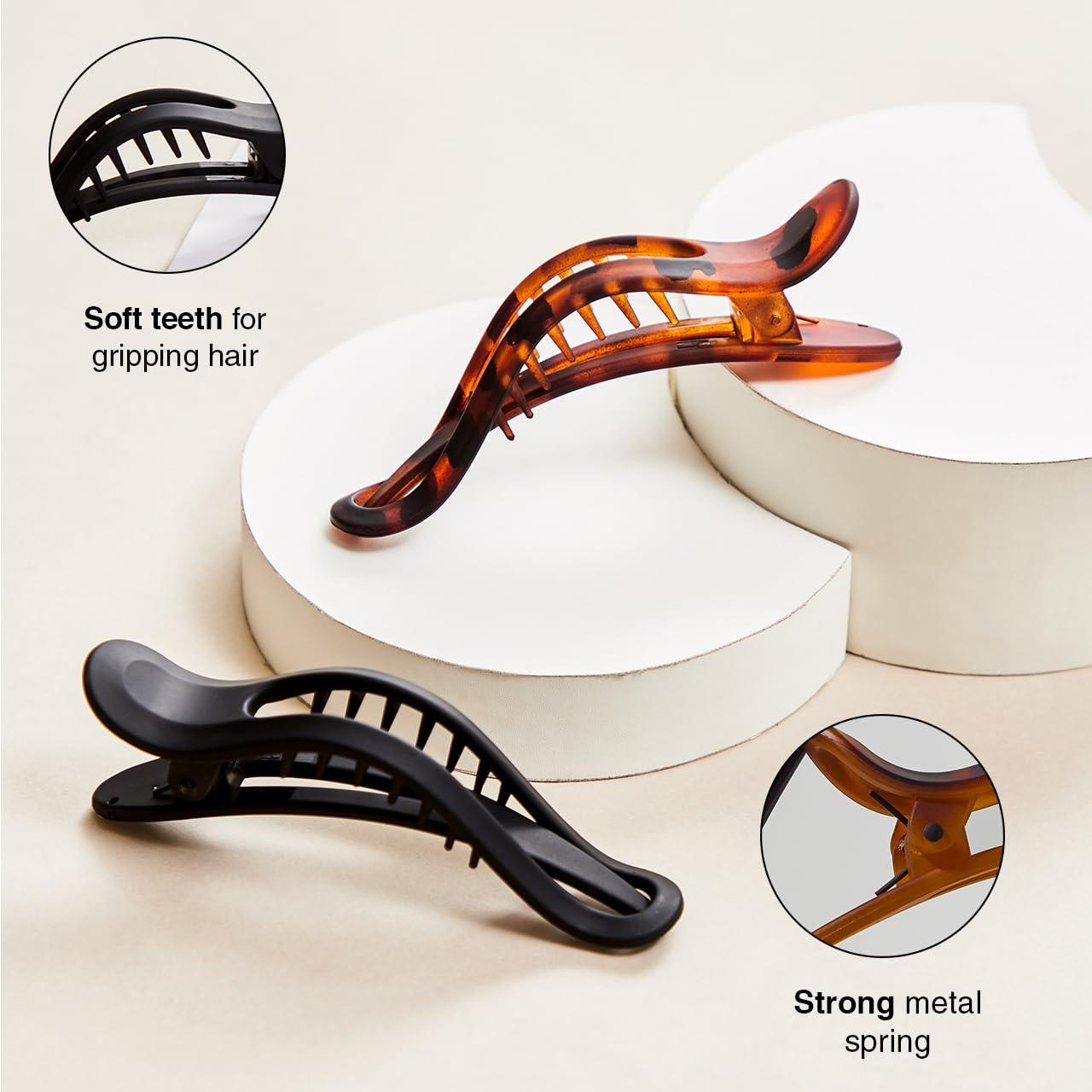 imageKitsch Flat Hair Clips for Women  Strong Hold No Slip Grip Flat Claw Clips For Secure and Comfortable Look  Durable Recycled Plastic Hair Accessories  Ideal Gifts for Women  Black ampamp Tortoise 2pcCurve