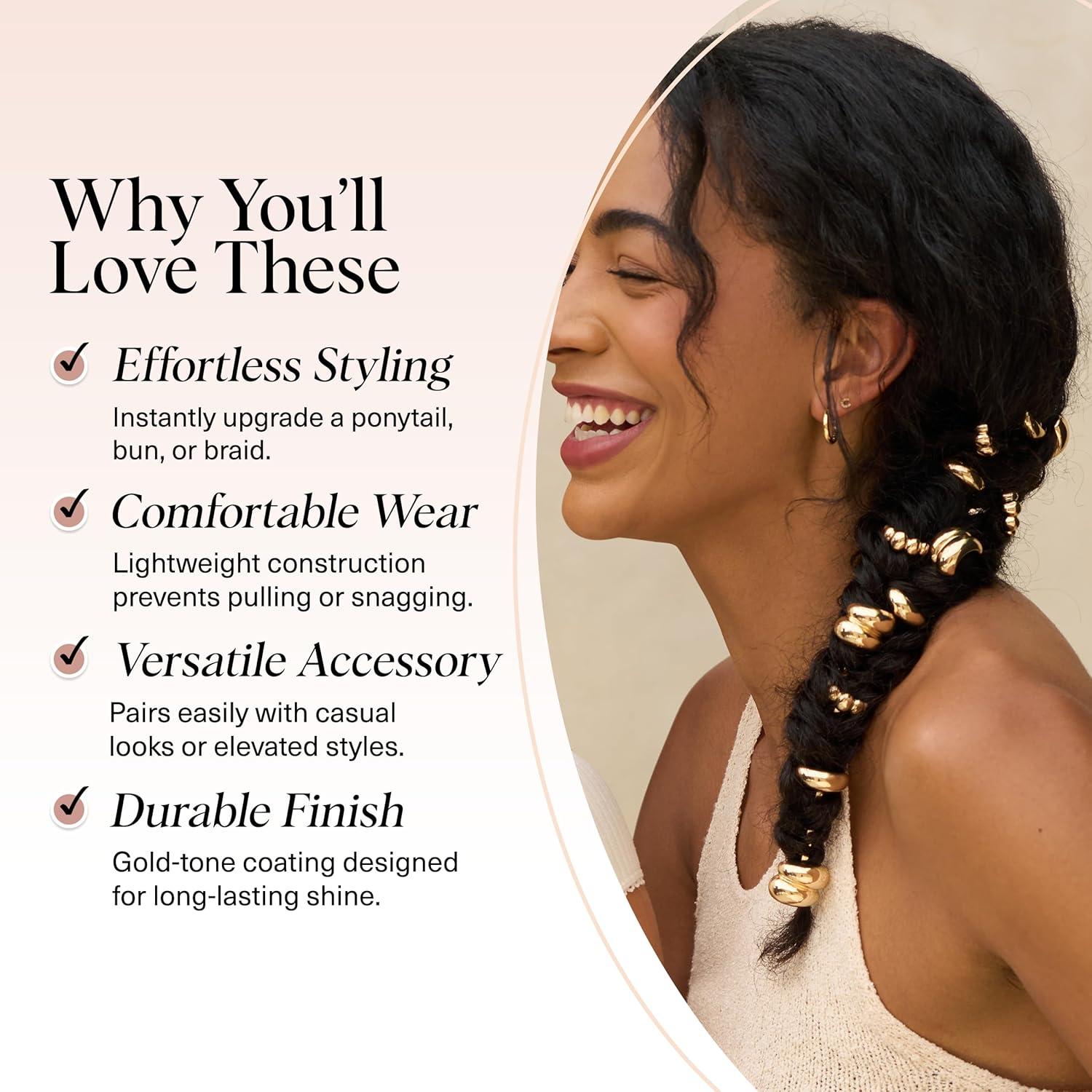 imageKitsch Gold Hair Jewelry for Braids  Lightweight Metal Hair Pins for Women  Stackable Gold Hair Accessories for Everyday or Special Occasions  3pc Set