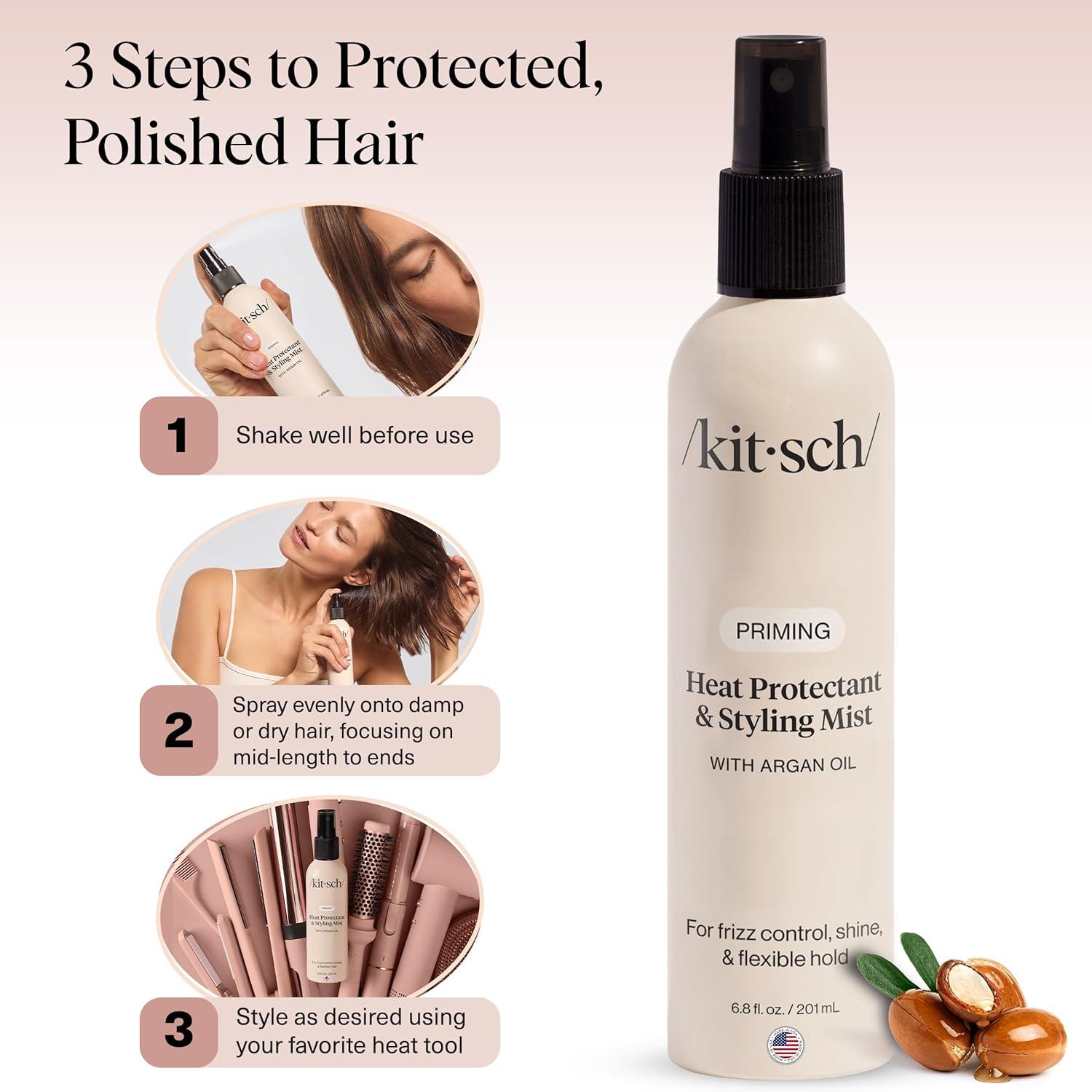 imageKitsch Heat Protection Spray for Hair  Heat Protectant for Hair with Argan Oil  Styling Hair Spray for Frizz Control Shine ampamp Damage Protection  Protects Strands Up to 450F  68oz