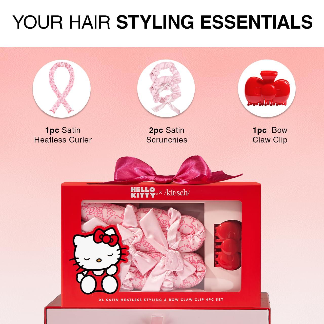 imageKitsch Holiday Hair Hero XL Satin Heatless Styling ampamp Flat Lay Claw  Heatless Curls ampamp Waves Extra Large Curling Rods Satin Scrunchies ampamp Claw Clip for Hair Protection Gifts for Women 4pc set AuraPink Kitty Faces