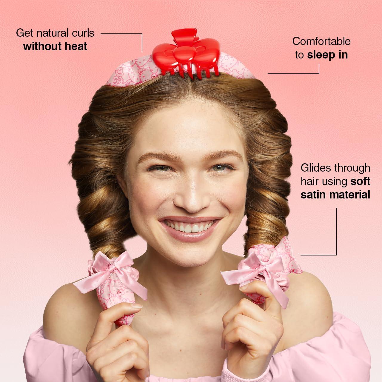 imageKitsch Holiday Hair Hero XL Satin Heatless Styling ampamp Flat Lay Claw  Heatless Curls ampamp Waves Extra Large Curling Rods Satin Scrunchies ampamp Claw Clip for Hair Protection Gifts for Women 4pc set AuraPink Kitty Faces