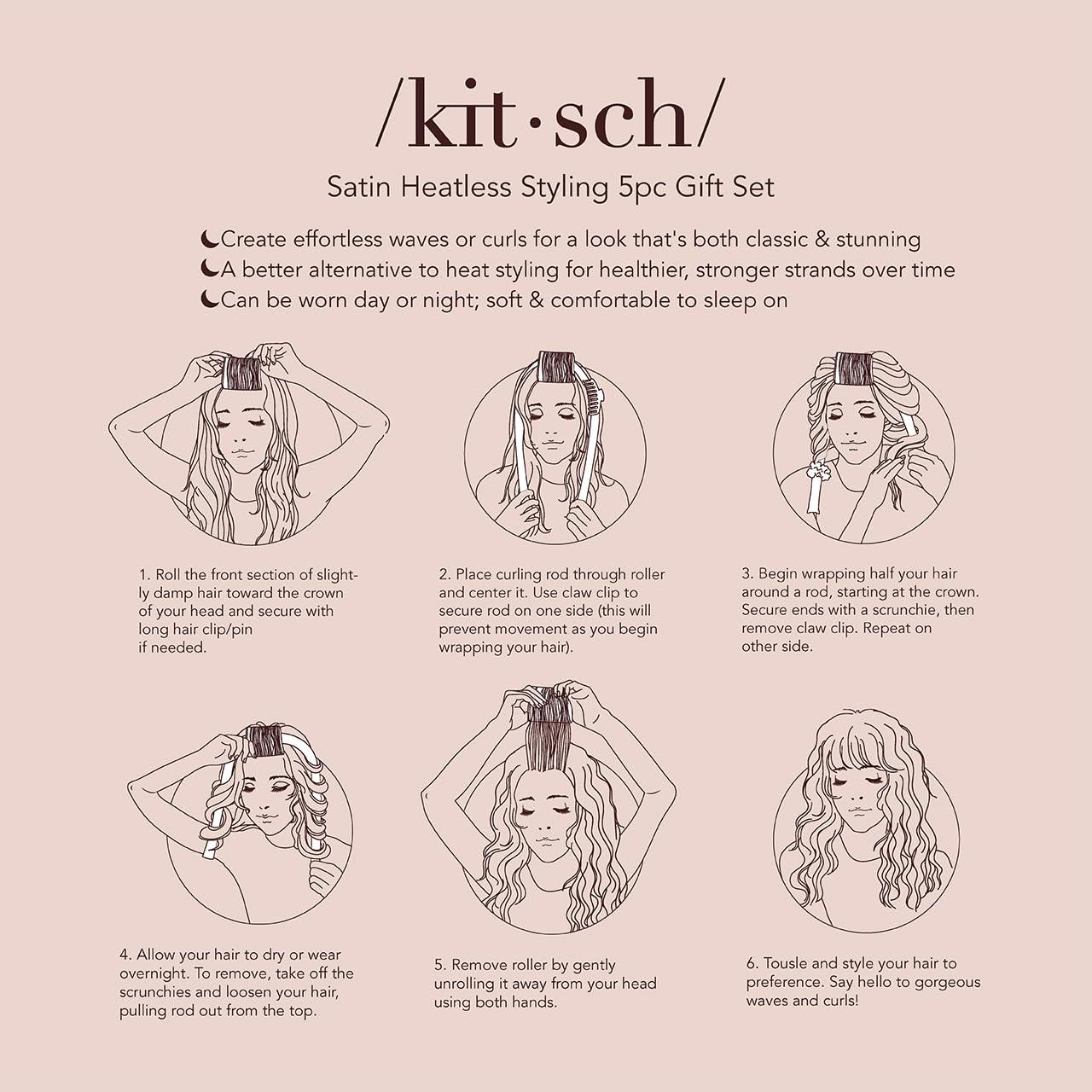 imageKitsch Holiday Hair Hero XL Satin Heatless Styling ampamp Flat Lay Claw  Heatless Curls ampamp Waves Extra Large Curling Rods Satin Scrunchies ampamp Claw Clip for Hair Protection Gifts for Women 4pc set AuraChampagne