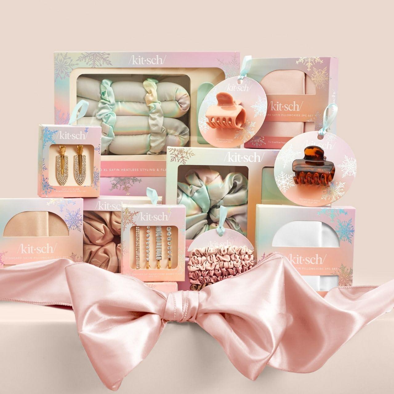 imageKitsch Holiday Hair Hero XL Satin Heatless Styling ampamp Flat Lay Claw  Heatless Curls ampamp Waves Extra Large Curling Rods Satin Scrunchies ampamp Claw Clip for Hair Protection Gifts for Women 4pc set AuraAura
