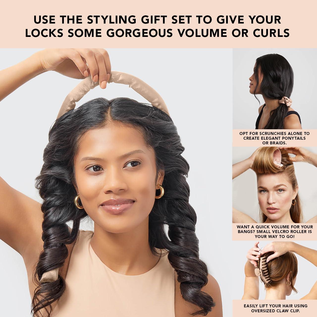 imageKitsch Holiday Hair Hero XL Satin Heatless Styling ampamp Flat Lay Claw  Heatless Curls ampamp Waves Extra Large Curling Rods Satin Scrunchies ampamp Claw Clip for Hair Protection Gifts for Women 4pc set AuraChampagne