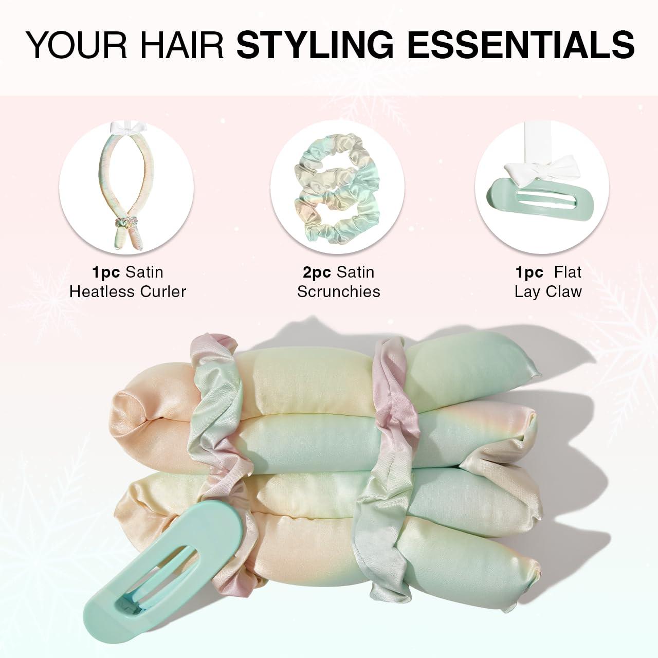 imageKitsch Holiday Hair Hero XL Satin Heatless Styling ampamp Flat Lay Claw  Heatless Curls ampamp Waves Extra Large Curling Rods Satin Scrunchies ampamp Claw Clip for Hair Protection Gifts for Women 4pc set AuraAura