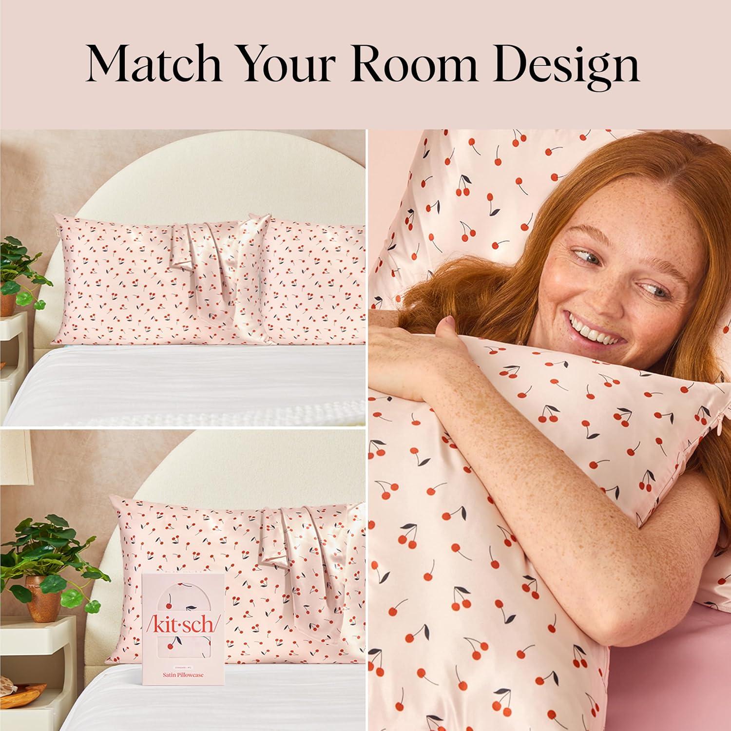 imageKitsch Holiday Satin Pillowcase with Zipper for Hair and Skin Softer Than Silk Pillow Cases 2 Pack Cooling Pillow Covers Machine Washable WrinkleFree Satin Queen Size Set of 2 19quotx26quot BlushCherry Print