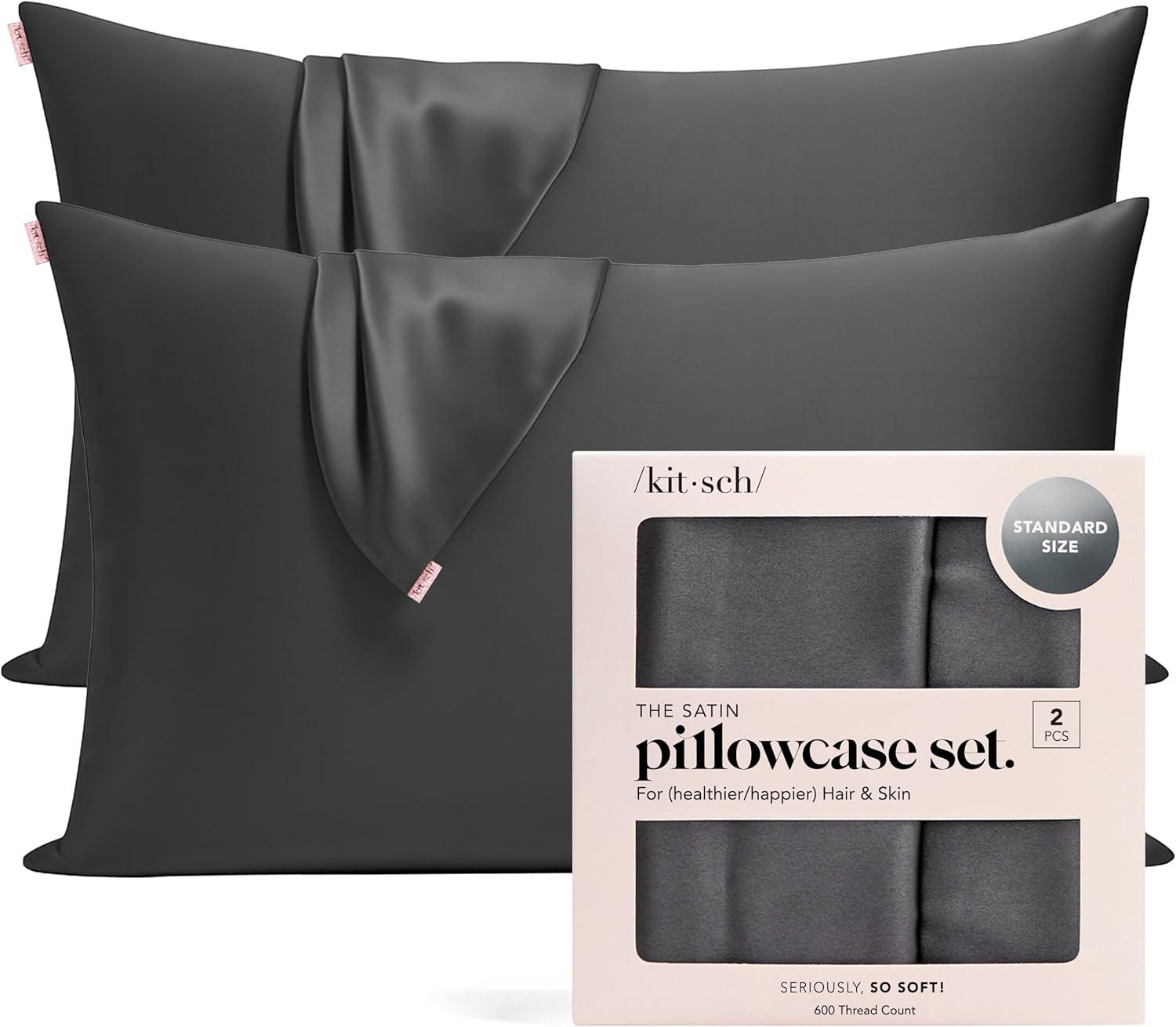 imageKitsch Holiday Satin Pillowcase with Zipper for Hair and Skin Softer Than Silk Pillow Cases 2 Pack Cooling Pillow Covers Machine Washable WrinkleFree Satin Queen Size Set of 2 19quotx26quot BlushCharcoal