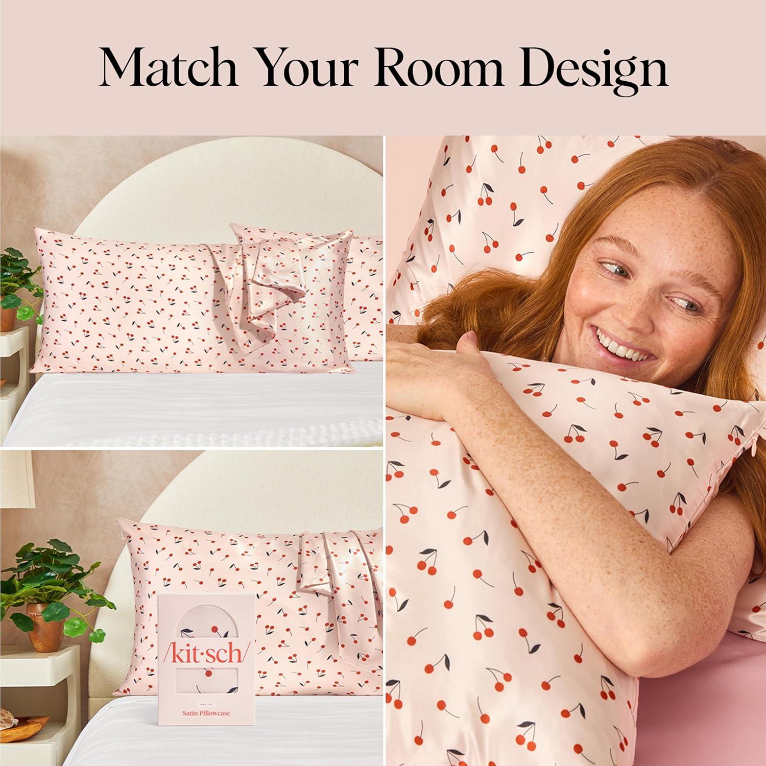 imageKitsch Holiday Satin Pillowcase with Zipper for Hair and Skin Softer Than Silk Pillow Cases 2 Pack Cooling Pillow Covers Machine Washable WrinkleFree Satin Queen Size Set of 2 19quotx26quot BlushCherry Print