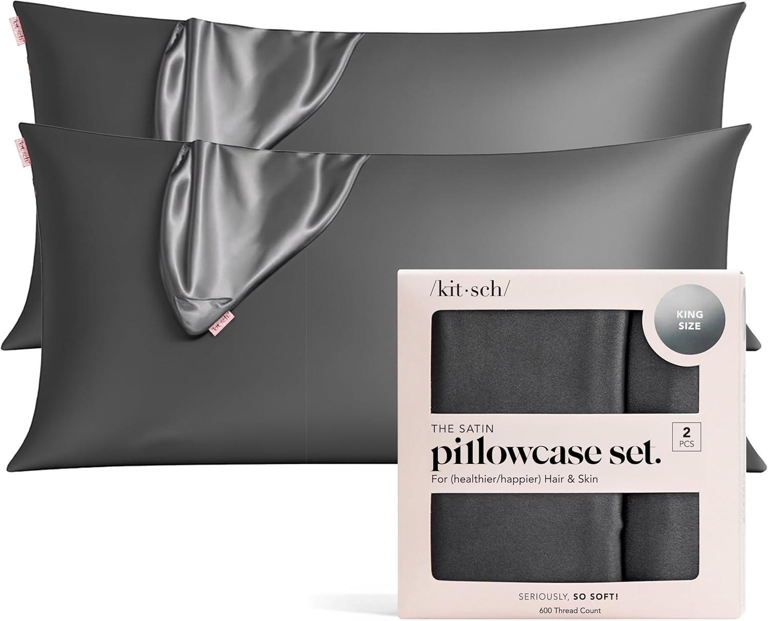 imageKitsch Holiday Satin Pillowcase with Zipper for Hair and Skin Softer Than Silk Pillow Cases 2 Pack Cooling Pillow Covers Machine Washable WrinkleFree Satin Queen Size Set of 2 19quotx26quot BlushCharcoal