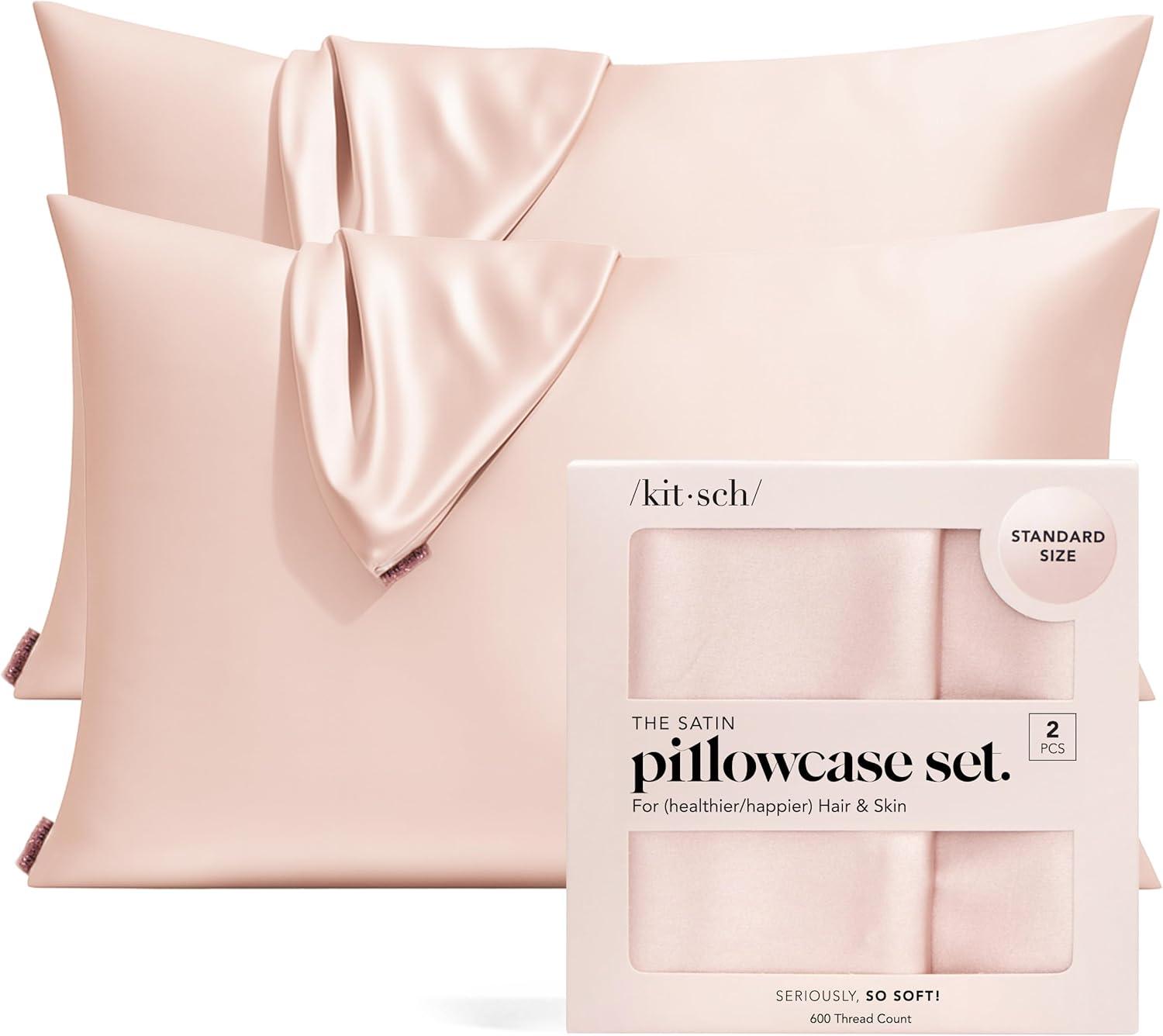 imageKitsch Holiday Satin Pillowcase with Zipper for Hair and Skin Softer Than Silk Pillow Cases 2 Pack Cooling Pillow Covers Machine Washable WrinkleFree Satin Queen Size Set of 2 19quotx26quot BlushBlush